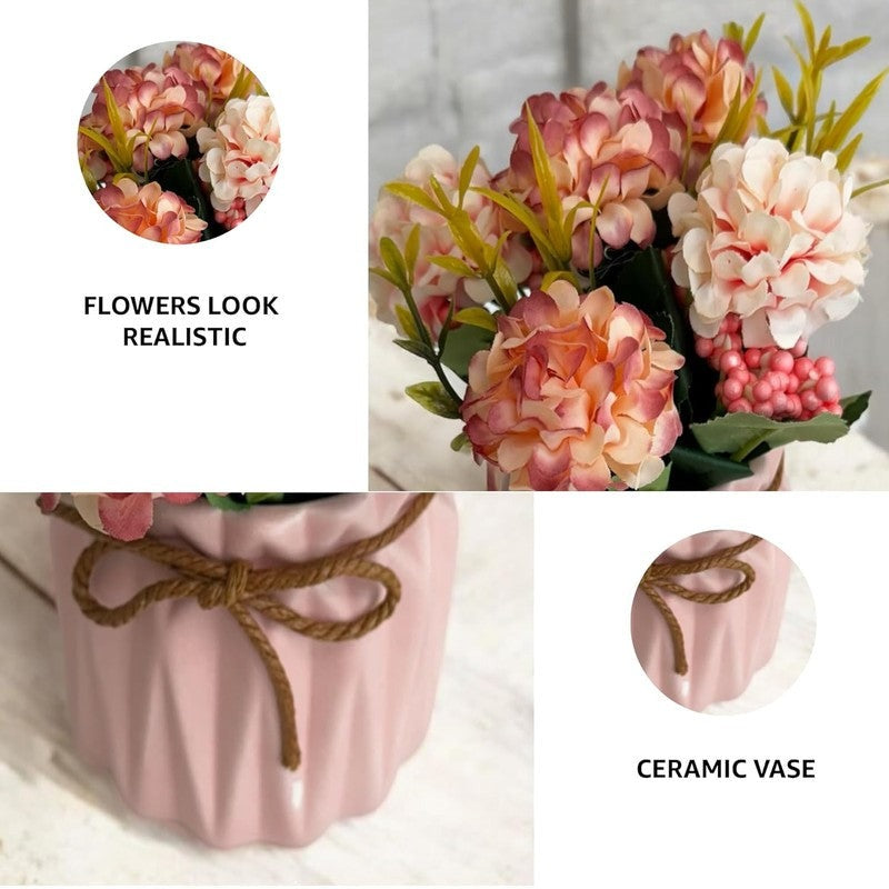 Premium Artificial Pink Hydrangea Flower Arrangement in Decorative Ceramic Pot – Elegant Home Décor (Medium)