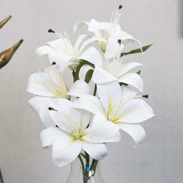 Premium Artificial White Lily Flower Arrangement in Glass Vase – Elegant Home Décor (Medium)