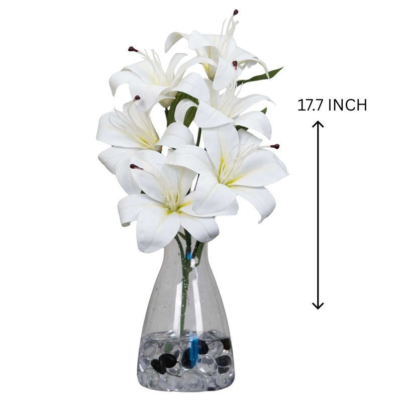 Premium Artificial White Lily Flower Arrangement in Glass Vase – Elegant Home Décor (Medium)