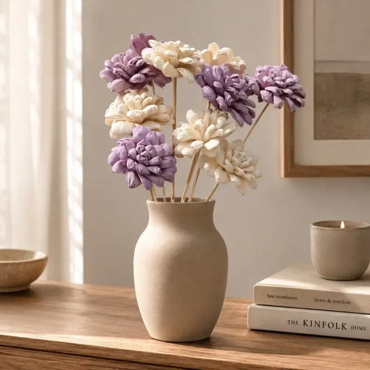 Premium Artificial Lavender & Ivory Chrysanthemum Flower Arrangement in Ceramic Vase – Elegant Home Décor (Medium)