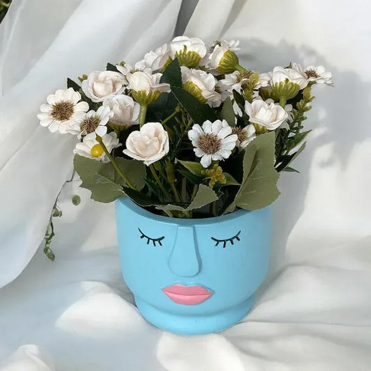 Premium Artificial White Daisy Flower Arrangement in Face Planter Pot – Modern Home Décor (Medium)