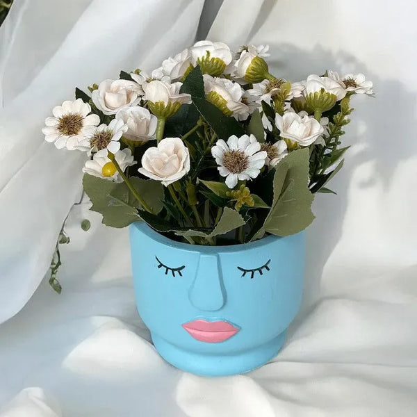 Premium Artificial White Daisy Flower Arrangement in Face Planter Pot – Modern Home Décor (Medium)