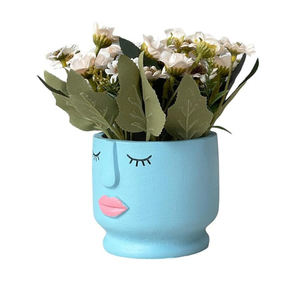 Premium Artificial White Daisy Flower Arrangement in Face Planter Pot – Modern Home Décor (Medium)