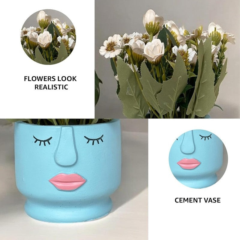 Premium Artificial White Daisy Flower Arrangement in Face Planter Pot – Modern Home Décor (Medium)