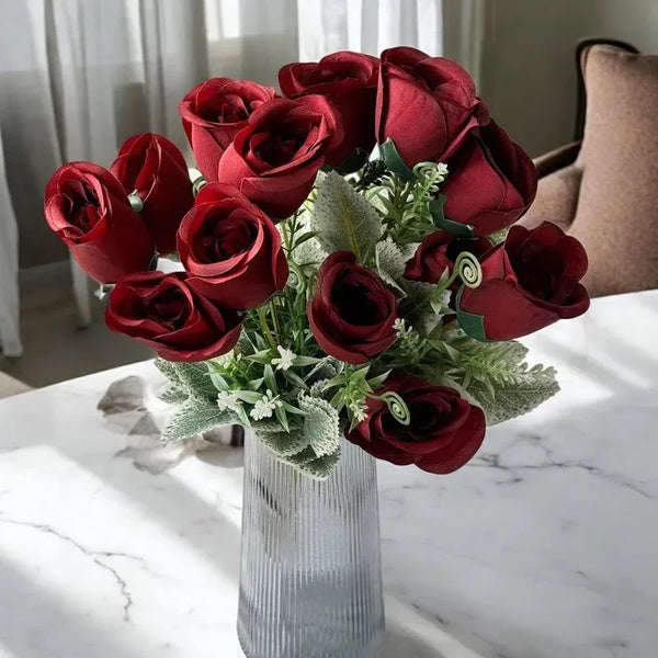Premium Artificial Red Rose Flower Arrangement in Glass Vase – Elegant Home Décor (Medium)