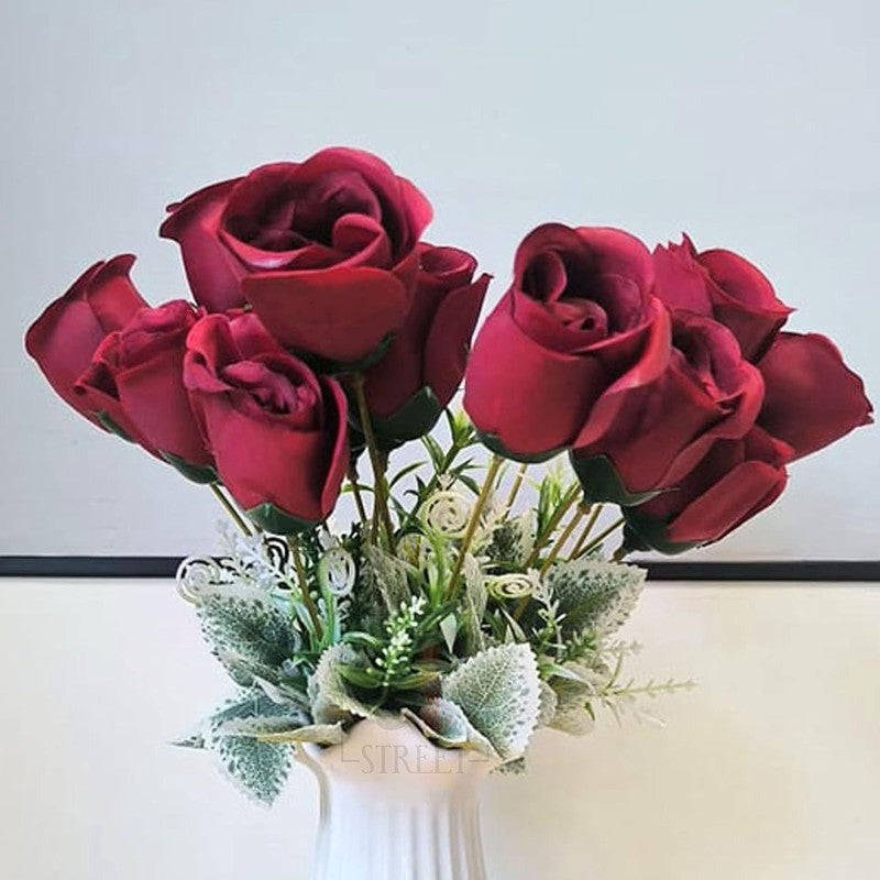Premium Artificial Red Rose Flower Arrangement in Glass Vase – Elegant Home Décor (Medium)