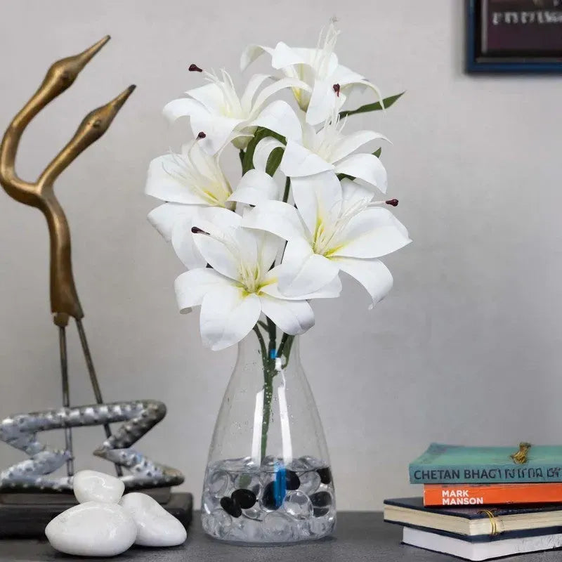 Premium Artificial White Lily Flower Arrangement in Glass Vase – Elegant Home Décor (Medium)